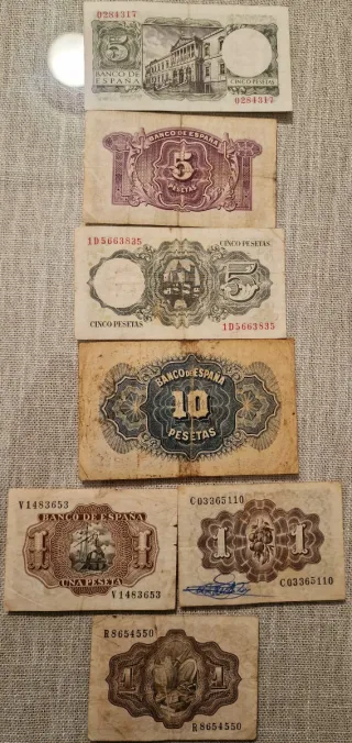 Billetes España 1000, 100, 50 Pesetas + Lira Itali