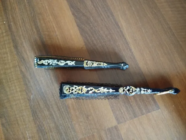 2 Abanicos Decorativos Encaje Negro Dorado