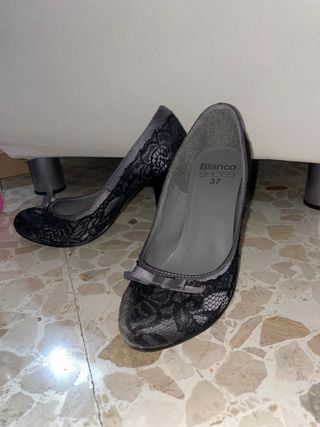 Tacones negros encaje lazo Blanco Shoes 37