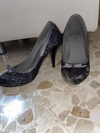 Tacones negros encaje lazo Blanco Shoes 37