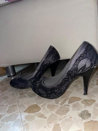 Tacones negros encaje lazo Blanco Shoes 37