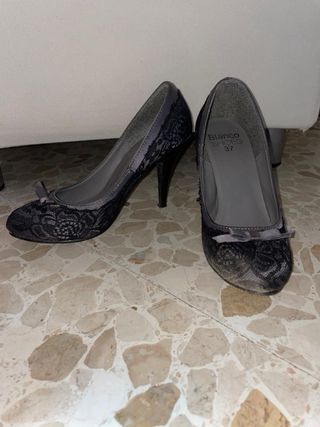 Tacones negros encaje lazo Blanco Shoes 37