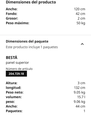 Panel superior BESTA chapa roble 120x42 cm