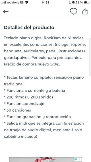 Teclado Piano Digital RockJam 61 Teclas