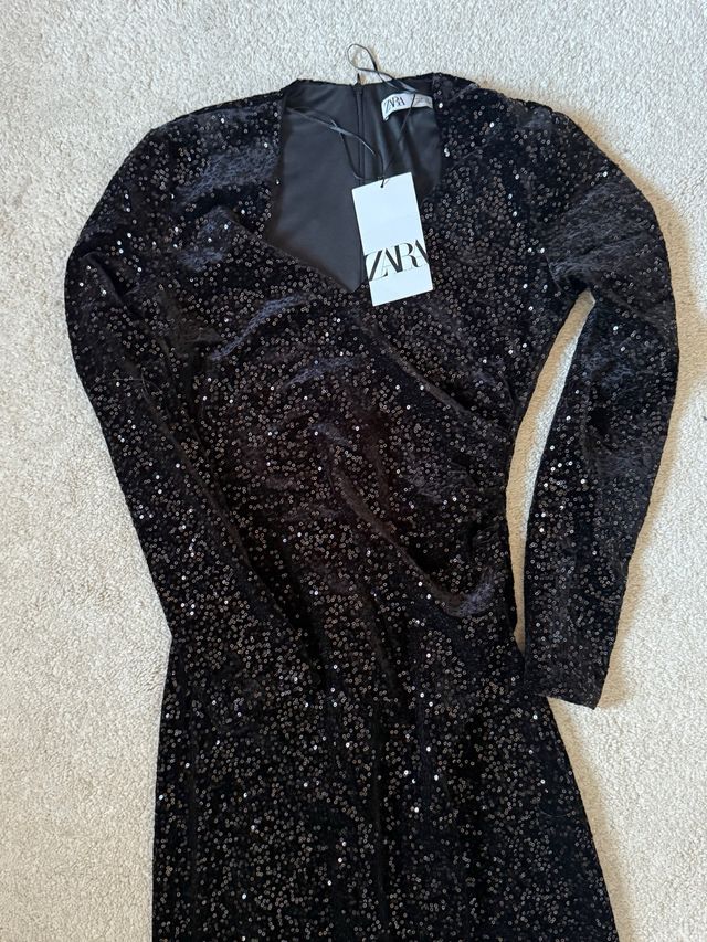 Vestido lentejuelas negro Zara Talla XS