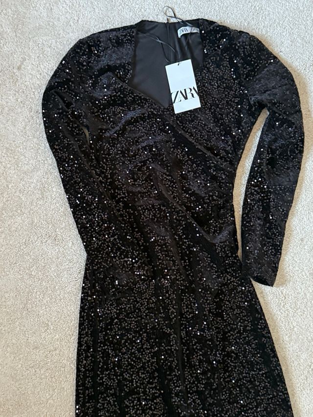Vestido lentejuelas negro Zara Talla XS