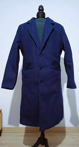 Abrigo Hombre Largo Azul Entallado Cuello Muesca