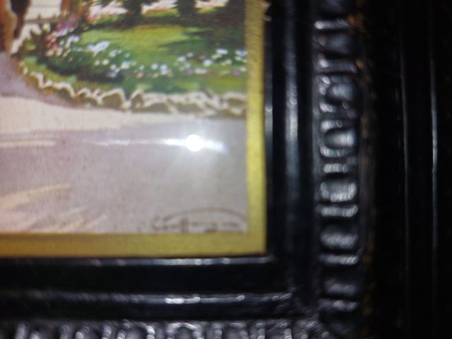 Cuadro de una calle con palmeras y jardin