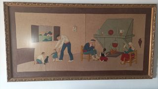 Cuadro decorativo familiar antiguo de franela y te