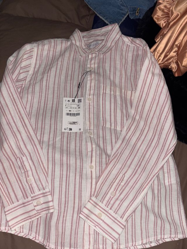 Camisa niño Zara lino rayas rosa Talla 128