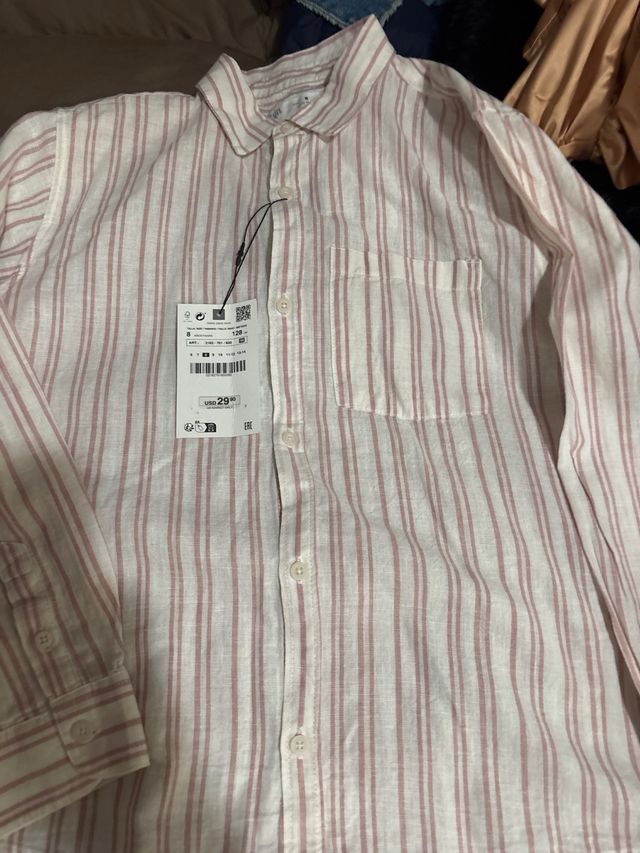 Camisa niño Zara lino rayas rosa Talla 128