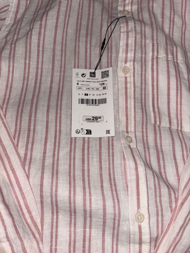 Camisa niño Zara lino rayas rosa Talla 128