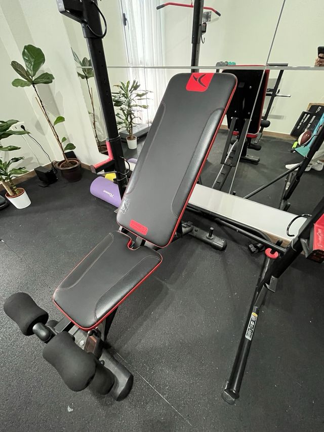 Rack y banco de gimnasio