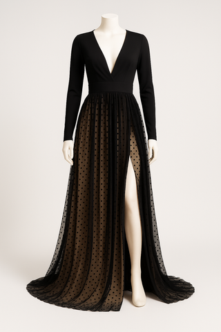 Vestido largo negro escote V manga larga