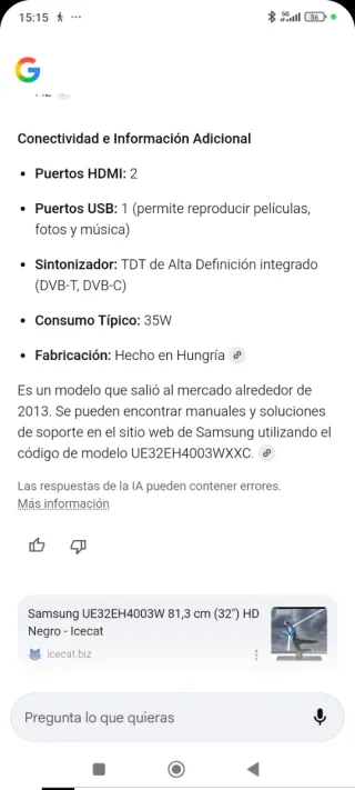 Televisión Samsung 32 Negra