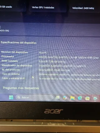 Portátil Acer 8265U/8GB/Nvidia/SSD