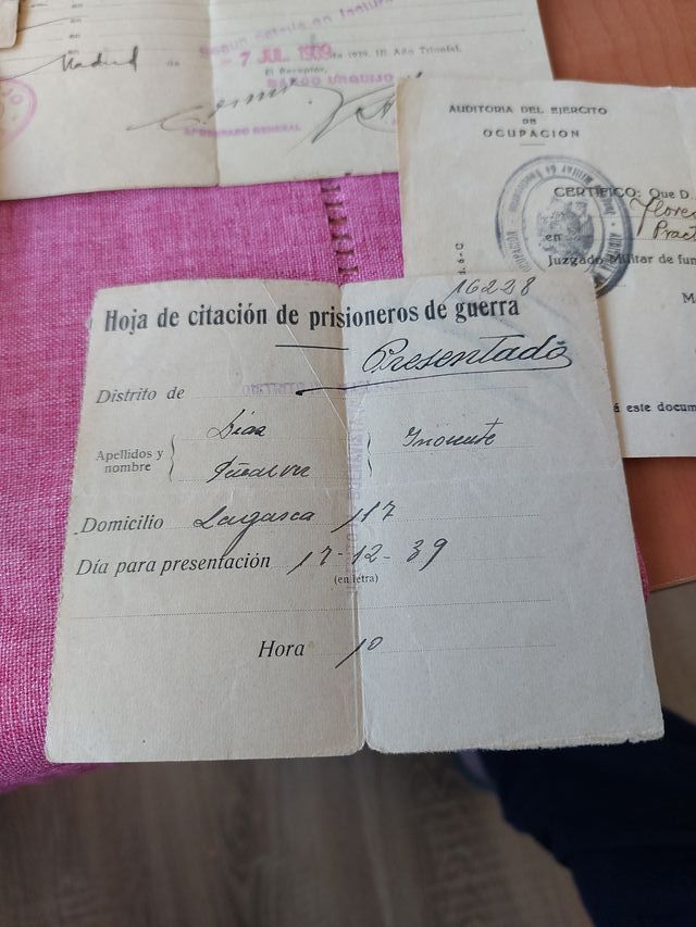 Lote documentos Guerra Civil - Prisionero consejo