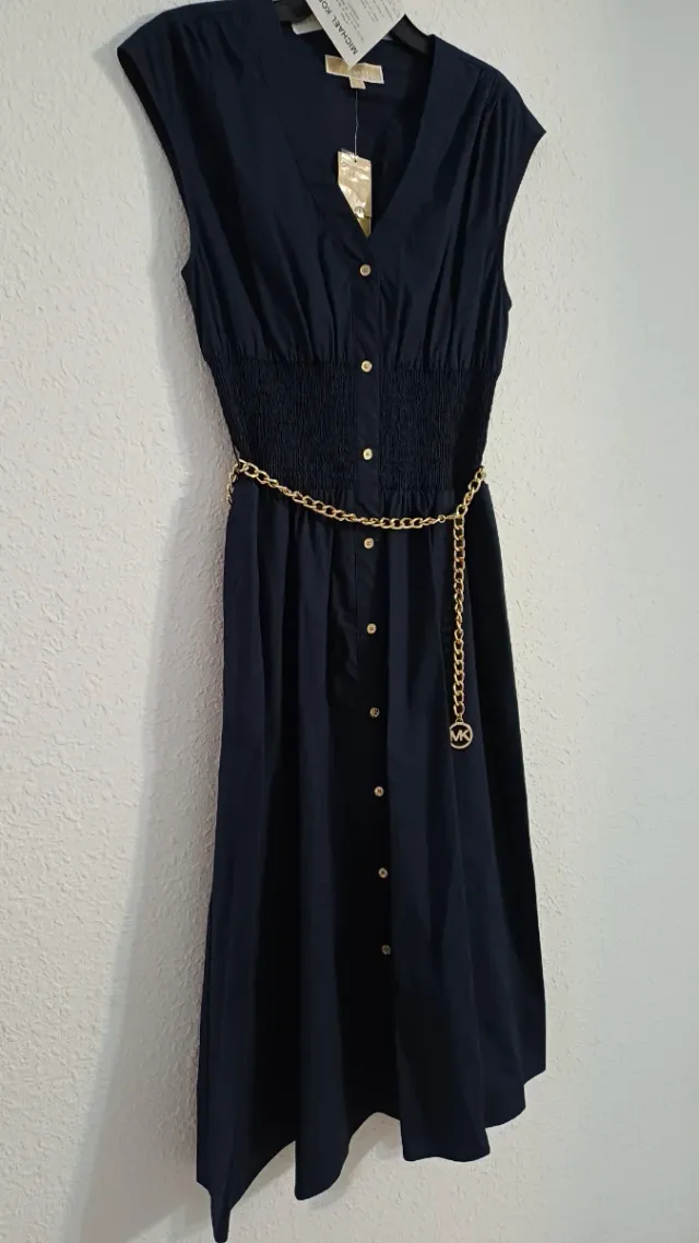 Vestido Michael Kors Azul Botones Cadena Dorada