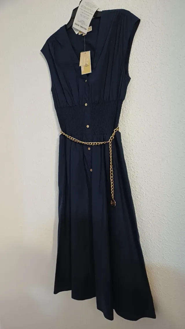 Vestido Michael Kors Azul Botones Cadena Dorada