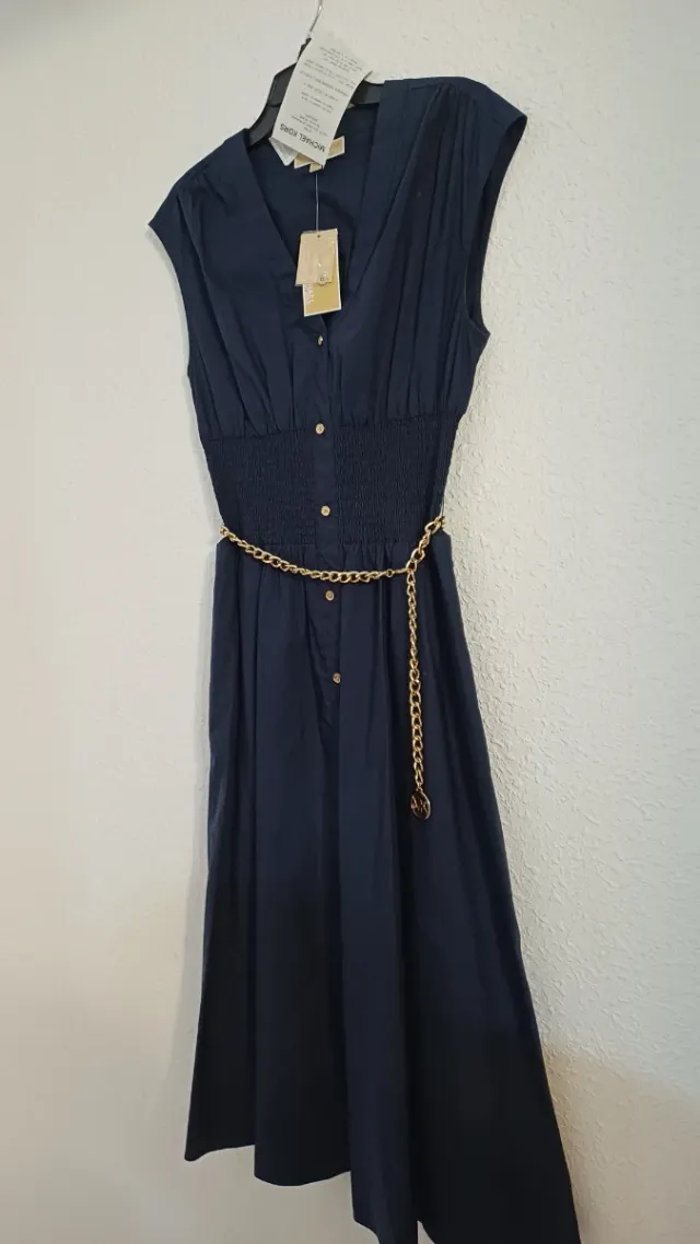Vestido Michael Kors Azul Botones Cadena Dorada
