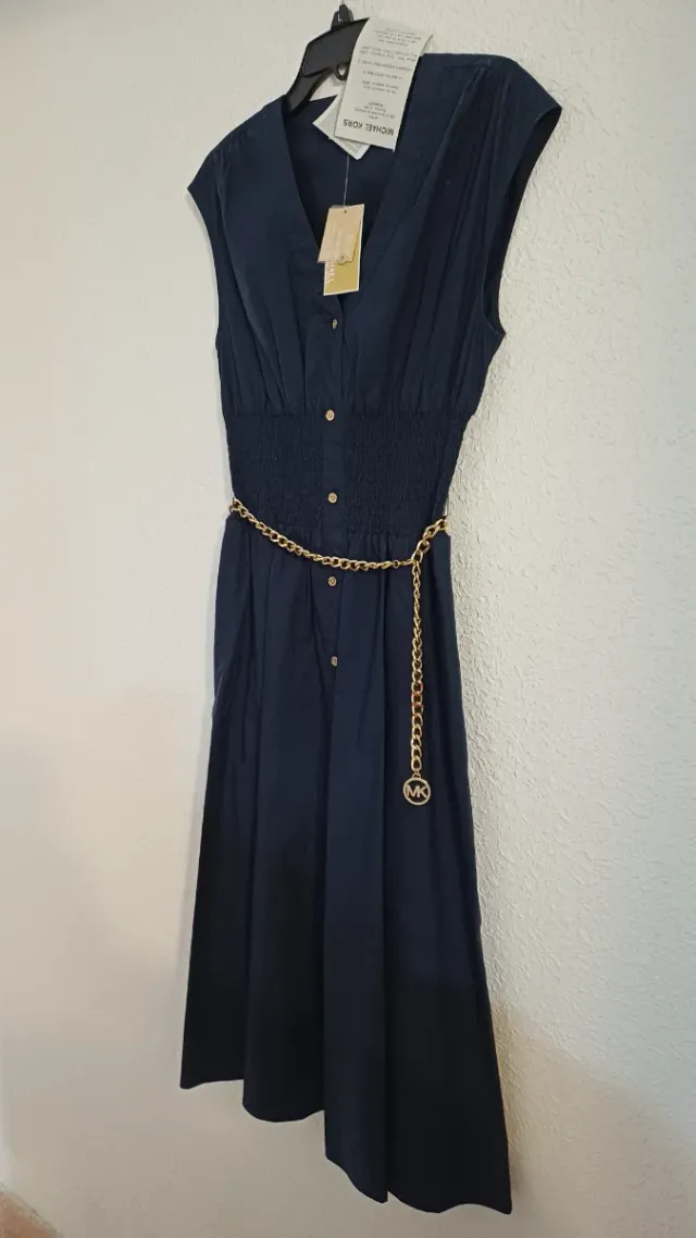 Vestido Michael Kors Azul Botones Cadena Dorada