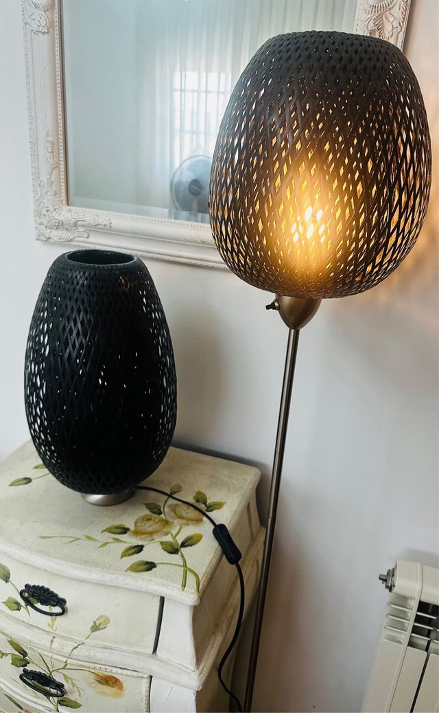 2 Lámparas Bambú Negras Base Metal