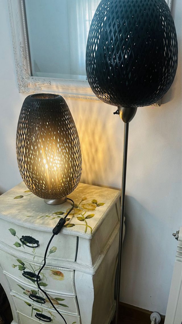 2 Lámparas Bambú Negras Base Metal