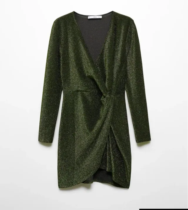 Vestido Lúrex Nudo Verde Fiesta. Mango