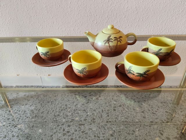 Juego de café 4 tazas cerámica palmeras