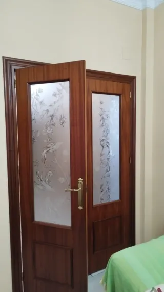 Puerta doble de paso con cristal decorado