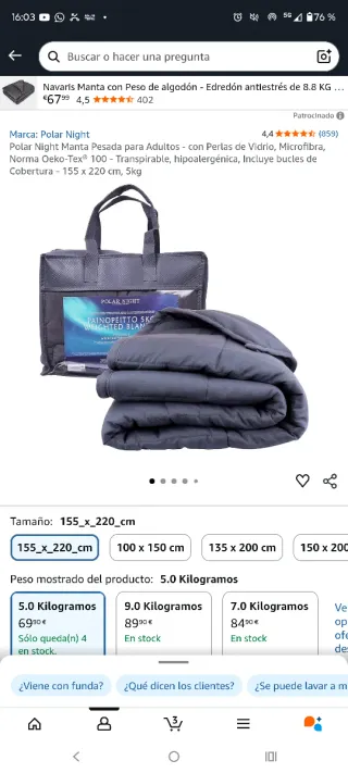 Manta Pesada Antiestrés 155x220cm 13kg Gris