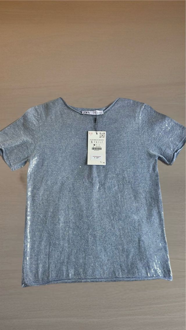 Top Zara punto lentejuelas gris Talla S