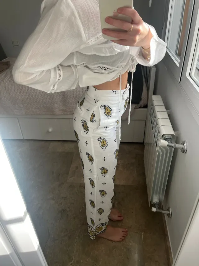 Pantalón lino blanco estampado