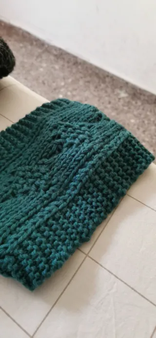 Bolso y gafas moradas, cinta verde bufanda y gorro