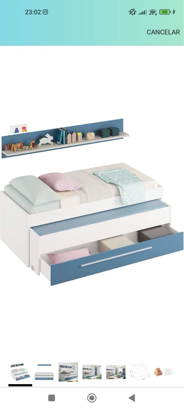 Cama juvenil con cajón y estante