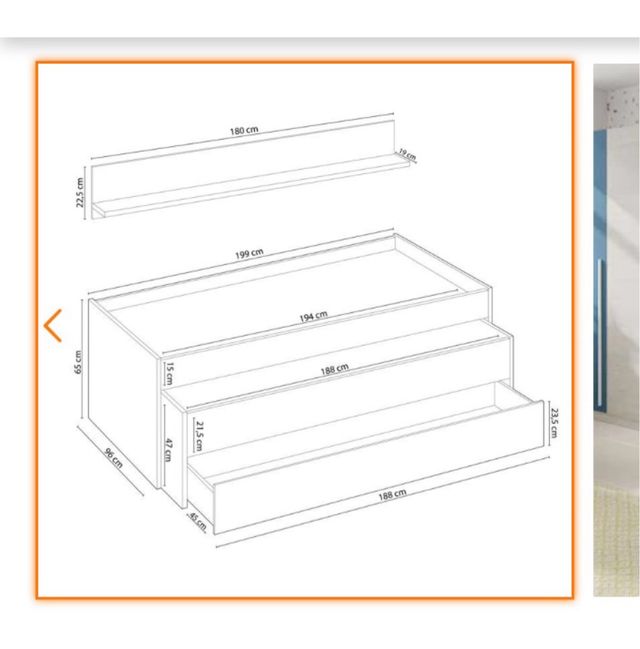 Cama juvenil con cajón y estante