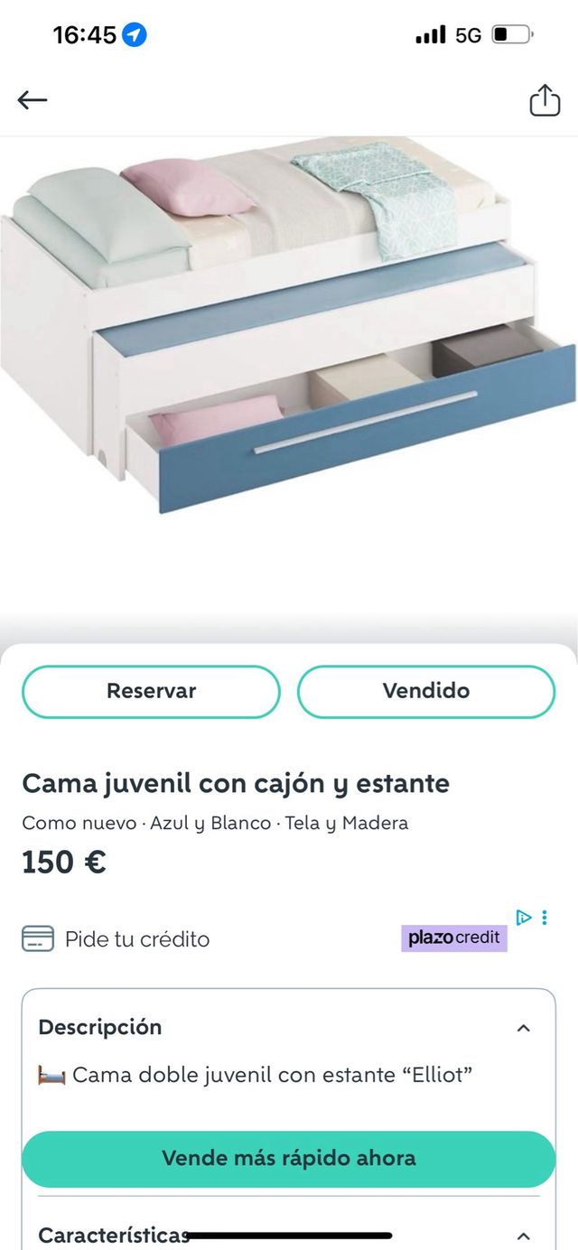 Cama juvenil con cajón y estante