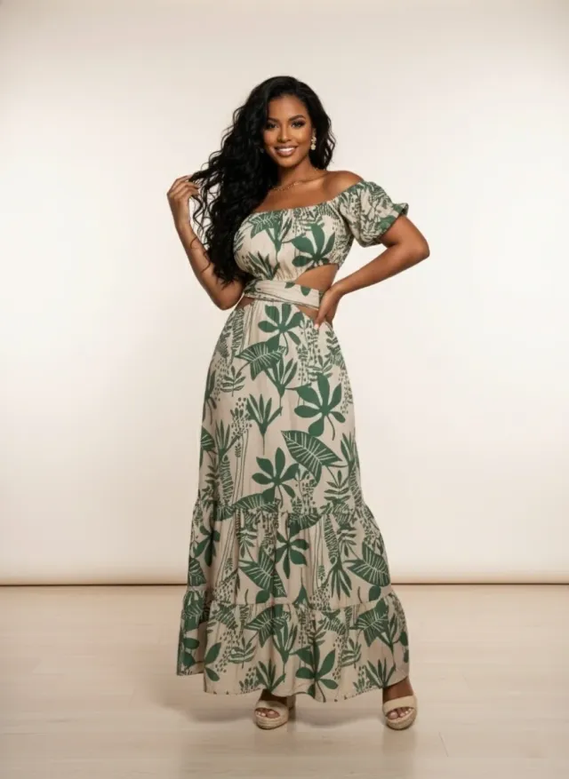 Vestido largo estampado verde y beige