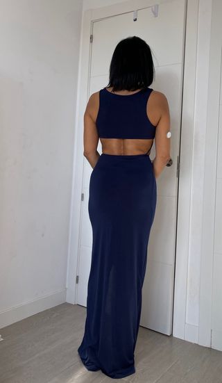 Vestido fiesta azul con detalles dorados