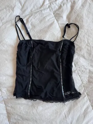 Top Lormar vintage Y2K nero pizzo paillettes