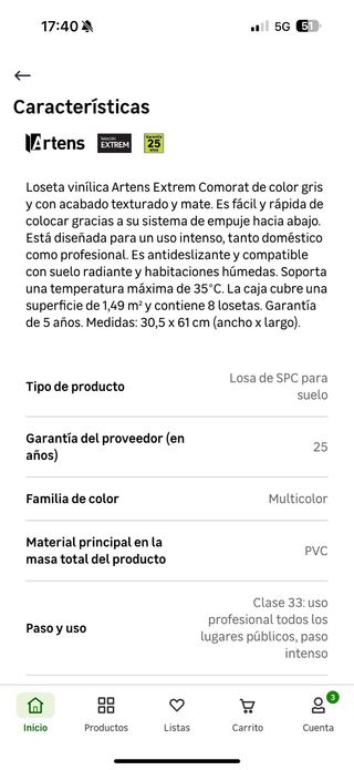 5 cajas de Suelo vinílico Artens Clic Comorat
