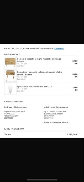 Comò e 2 comodini in legno e metallo