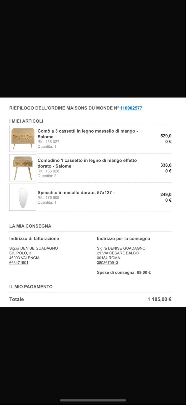 Comò e 2 comodini in legno e metallo