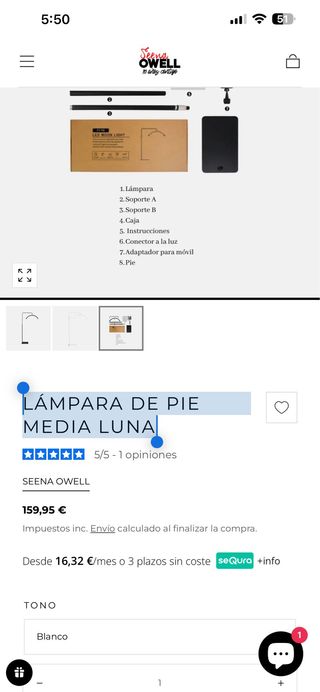 Lámpara de pie media luna blanca