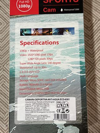 Cámara de vídeo deportiva Full HD 1080p