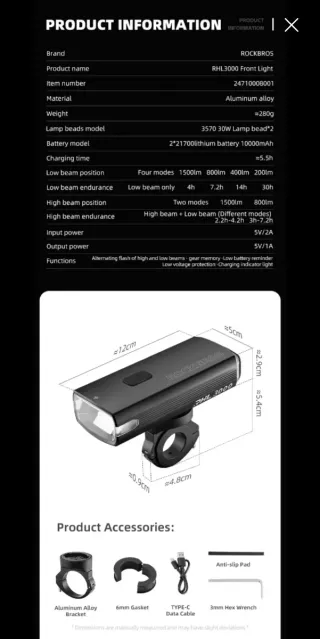Linterna Rockbros RHL3000 Lúmenes.