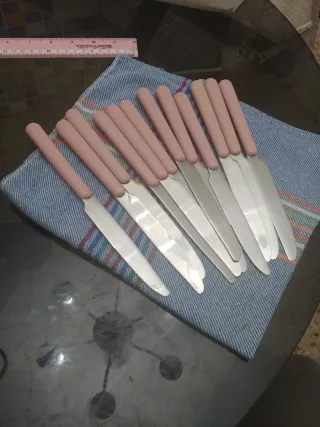 Set di 12 coltelli da tavola con manici rosa e lame argentate