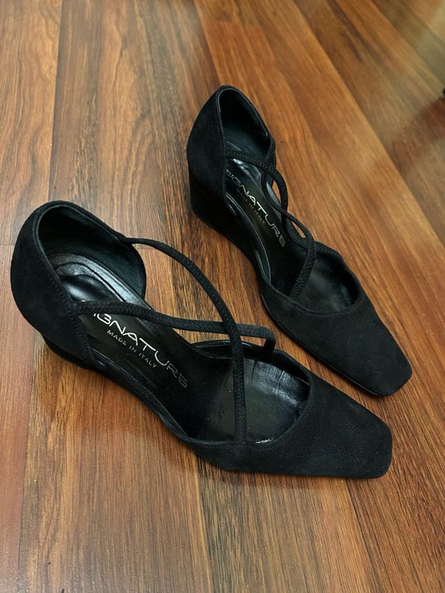 Tacones cuña ante y cuero negro T37