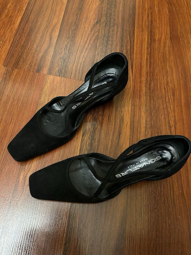 Tacones cuña ante y cuero negro T37