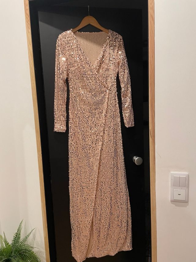 Vestido longo lantejoulas cruzado dourado/rosa